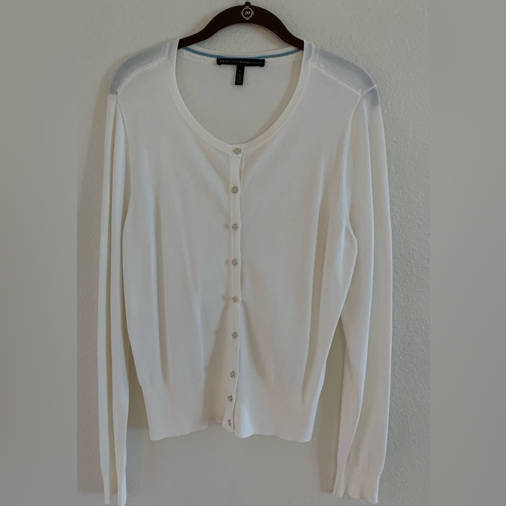 White House Black Market White Button Down Sweater Size L Like New (small snag)